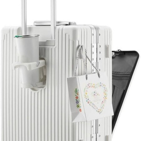 Travel Suitcase, Hard Shell Suitcase, Hand Luggage Suitcase with Drink Holder, 4 Wheels, Combination Lock, White,