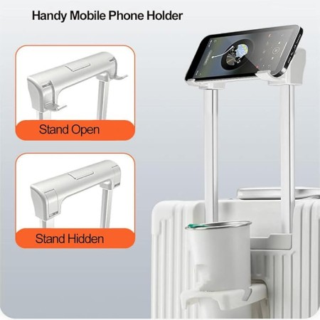 Travel Suitcase, Hard Shell Suitcase, Hand Luggage Suitcase with Drink Holder, 4 Wheels, Combination Lock, White,
