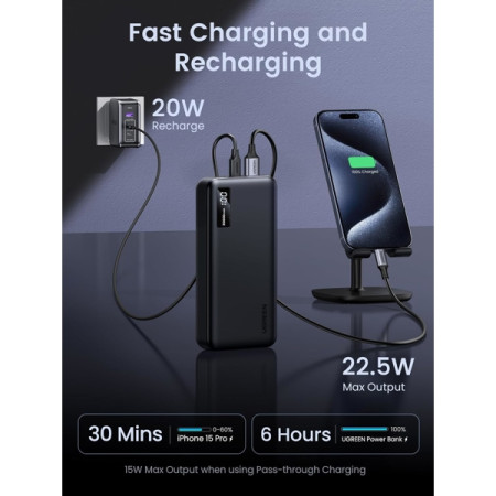 UGREEN PB312 (25683), 20000mAh 22.5W, Type-C&B, USB, Two-way Power Bank, Black